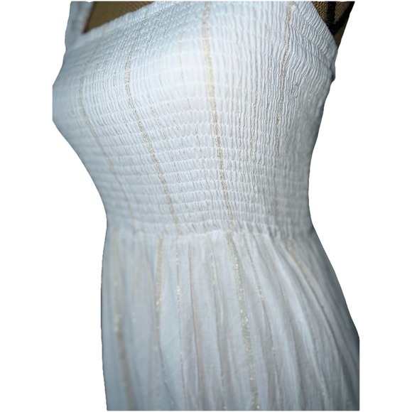 Ultra Flirt White Smocked Maxi Dress Gold Stripe Tiered Sundress Juniors M - Picture 7 of 15